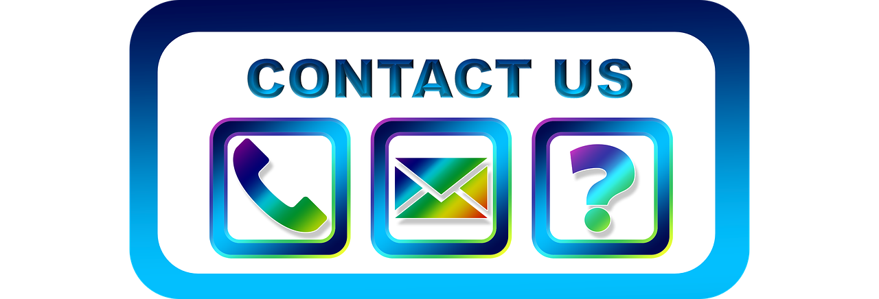 A retro phone handle symbol, mail symbol
                        and a question mark each in a mixed hue of purple, blue and green color and each surrounded by a square
                        border of the same hue. The image is caption CONTACT US and is surrounded in a border with a mixed hue
                        of dark and light blue color.