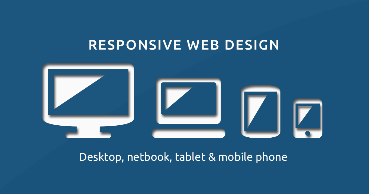 Desktop computer, netbook, tablet
                        and smartphone illustrations in white colour shown in blue background with caption RESPONSIVE WEB DESIGN.