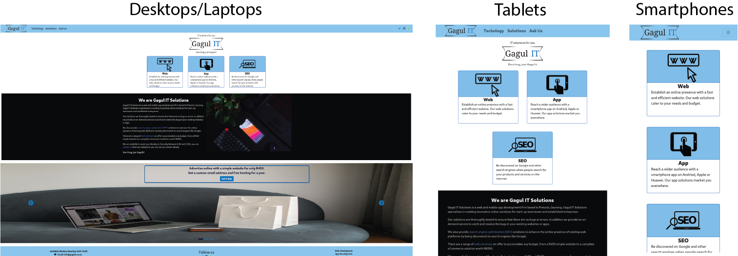 Gagulit website shown in 
                                        large device version with caption Desktops/Laptops, meduim device version with caption Tablets 
                                        and small device version with caption Smartphones.