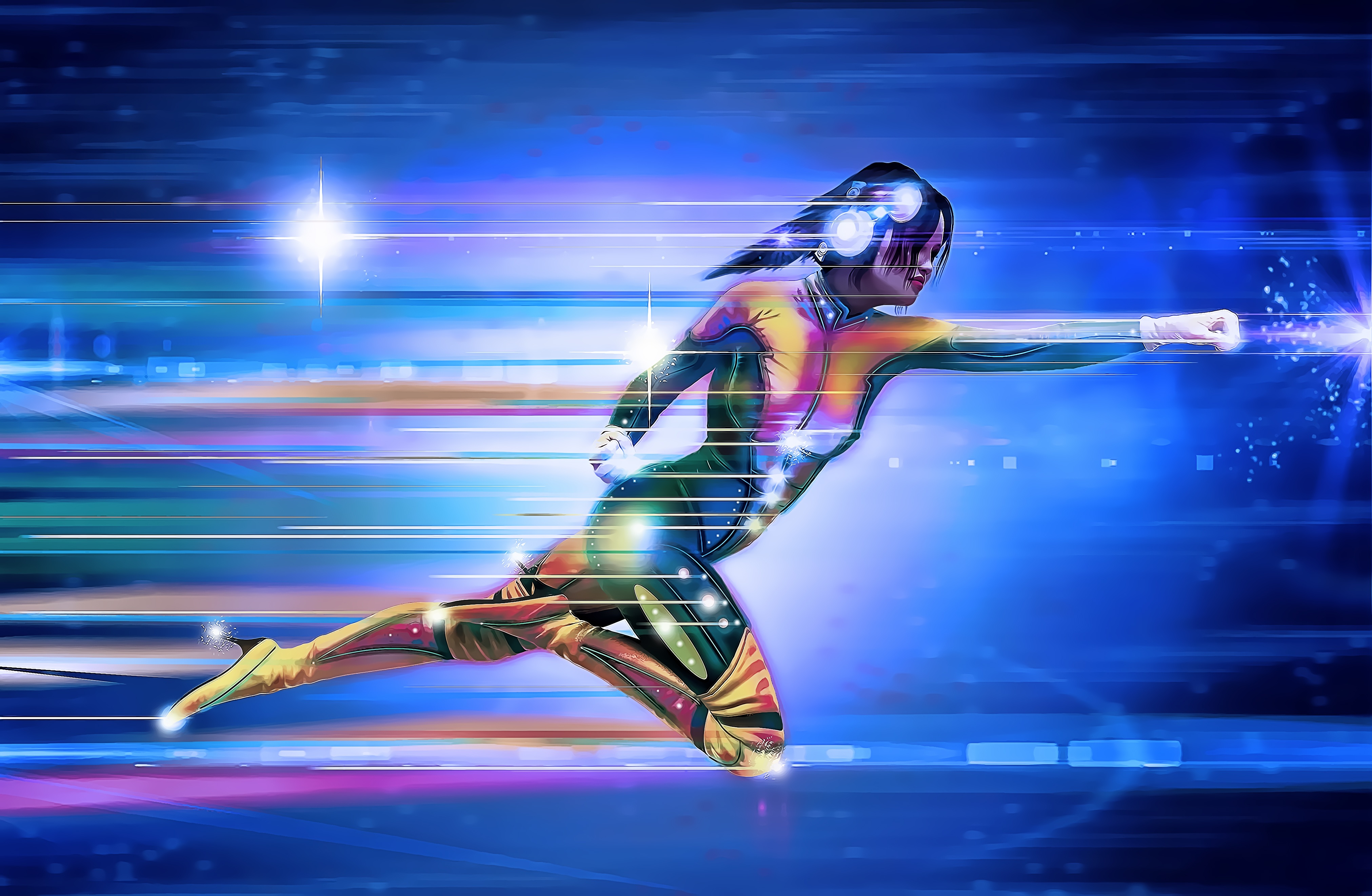 Women superhero dashing in the air
                        with one arm stretched out and expelling a comet like substance. Superhereo is wearing shiny clothing and 
                        is image background is blue.